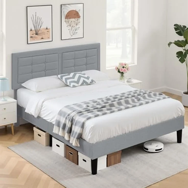 VECELO Polsterbett 140x200 cm, Doppelbett mit Höhenverstellbarem Kopfteil, Bett Bettrahmen mit Lattenrost, Gepolstertes Bettgestell Jugendbett für Schlafzimmer Gästezimmer, Hellgrau – Bild 9
