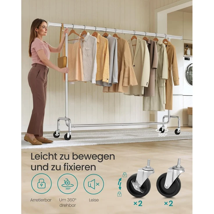 SONGMICS Kleiderständer auf Rollen, Garderobenständer, hochbelastbar, ausziehbare Kleiderstange, bis 110 kg belastbar, 45 x (160-200) x 162,9 cm, aus Metall, verchromt, silbern – Bild 6