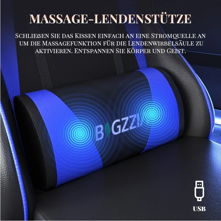 ZAISZE Gaming-Stuhl Schreibtischstuhl, Ergonomischer Bürostuhl mit Massagefunktion (PC Stuhl mit Fußstütze Kopfstütze Lendenkissen), Höhenverstellung Neigung 90°- 135°, für Gaming Arbeit Entspannung – Bild 3