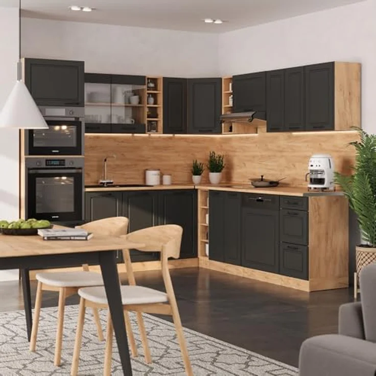 Eckküche R-Line Anthrazit Landhaus/Goldkraft Eiche 247 x 60 cm , AP Eiche Vicco – Bild 2