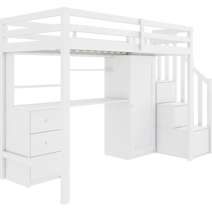 Merax Hochbett Etagenbett 90*200cm Kinderbett mit Schreibtisch und Kleiderschrank, Treppe, multifunktionales Kinderetagenbett, ausgestattet mit Schubladen und Treppenschrank, weiß – Bild 9