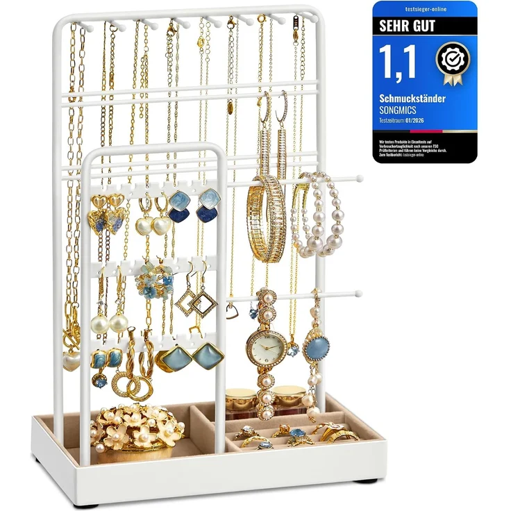 SONGMICS Schmuckständer, Schmuckhalter, Metallrahmen, Schmucktablett Samt, Schmuckaufbewahrung für Halsketten Armbänder Ohrringe Ohrstecker Ringe, Geschenkidee, Weihnachten, weiß JJSDE021W01V1 – Bild 1