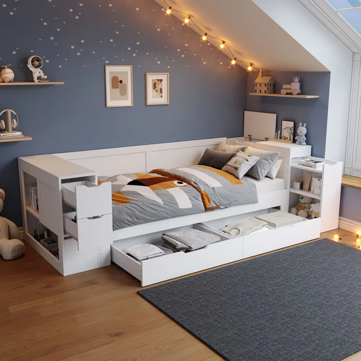 Kinderbett,Daybed, 90 x 200 cm, Einzelbett, multifunktionales Kinderbett mit Schubladen, Regalen und Stauraum, mit nachttisch,mit Stauraum, ohne Matratze, weiß