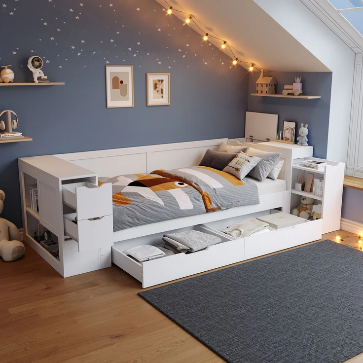 Kinderbett,Daybed, 90 x 200 cm, Einzelbett, multifunktionales Kinderbett mit Schubladen, Regalen und Stauraum, mit nachttisch,mit Stauraum, ohne Matratze, weiß – Bild 1