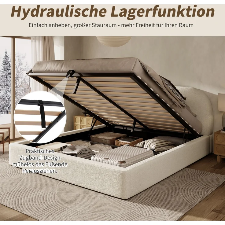 Polsterbett,Doppelbett,180 x 200cm, hydraulisches Funktionsbett,Bett mit Lattenrost, Kopfteil und großem Stauraum, gepolstertes Kopfteil, Beige Bouclé – Bild 10
