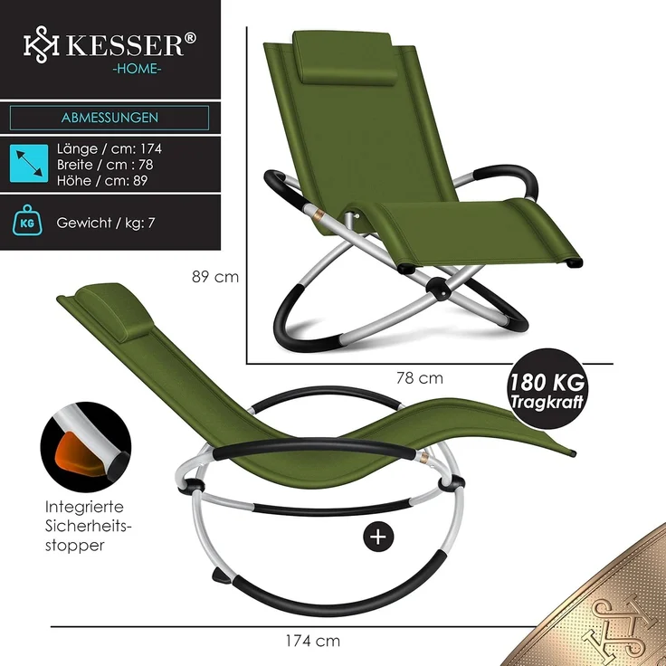 KESSER® Relaxliege Liegestuhl | Gartenliege | Gartenstuhl | Klappstuhl faltbar | Schwungliege | Schaukelsessel | ergonomische Relaxsessel | wetterfest | 180 kg Belastung | 174 x 78 x 89 cm Khaki – Bild 7
