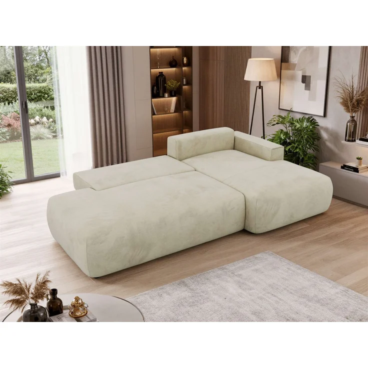 Ecksofa TAREN L mit Schlaffunktion, Bettkasten, DL-Mechanismus, Wellenfederung und freistehendem, Sofa mit Stauraum - Beige Velvet - Rechts – Bild 6
