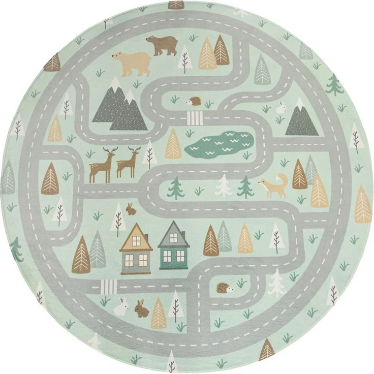 KADIMA DESIGN Kinderteppich waschmaschinenwaschbar Waldwege‑Muster Kinderzimmer Kinderteppich, Rund, Höhe: 4 mm, 100% Polyester, Rücken aus Felt + Dots, Rund, 120Dcm, Türkis – Bild 2