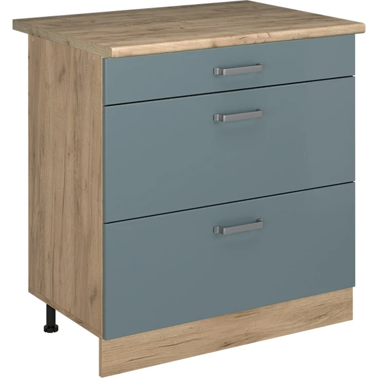 Küchenunterschrank R-Line Blau-Grau/Goldkraft Eiche 80 cm mit 3 Schubladen Arbeitsplatte Goldkraft Eiche Vicco – Bild 1