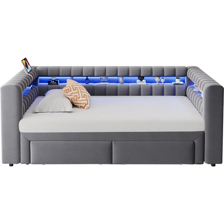 Ausziehbett 90/180×190 cm mit Bettkasten, LED, USB-Anschluss, Grau, ohne Matratze – Bild 2