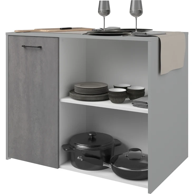 Mehrzweckschrank-Set >Malice 3< (2-teilig) Buffetschrank + Beistelschrank, in Beton Optik hell / Weiss – Bild 4