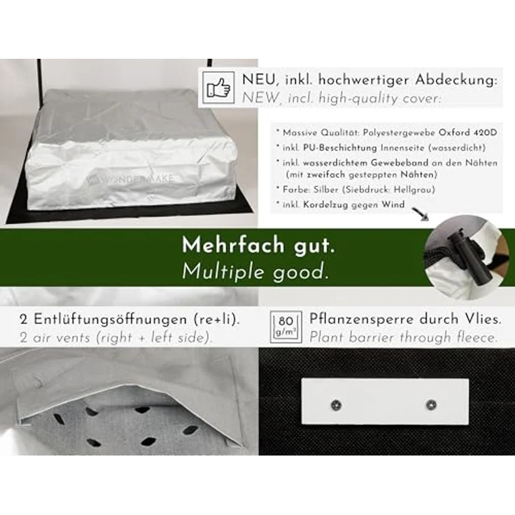 WONDERMAKE Sandkasten mit Abdeckung und Dach, 2x Matschküche, quadratisch aus lasiertem Fichte-Holz, schwarz-weiß, 113x113 cm, verschließbar – Bild 4