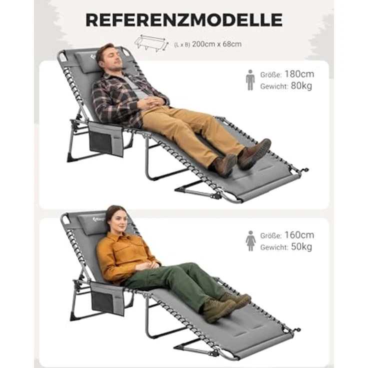 KingCamp Übergroße Sonnenliege Klappbar 5-Fach Verstellbar Gartenliege Liegestuhl Dreibeinliege Liege Campingliege mit Kopfkissen und Seitentasche bis 150 kg für Garten Urlaub Strand Pool 200x68 cm – Bild 13