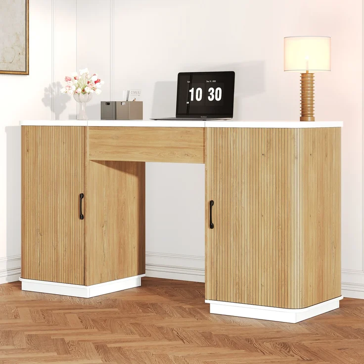 Schreibtisch 140x50x78/92 cm, manuell höhenverstellbar, MDF in Weiß und Eichenoptik – Bild 3