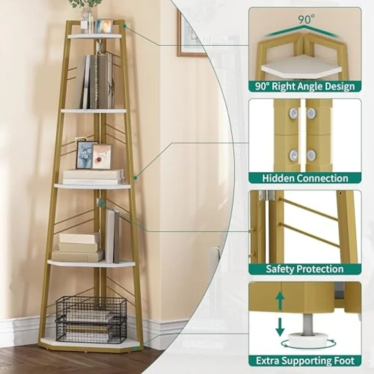 YITAHOME Eckregal, 5-stöckiges Leiterregal, Industrielles Bücherregal, Bodenstehendes Regal, Offenes Standregal aus Holz, für Wohnzimmer, Flur, Schlafzimmer, Home-Office, Gold Lagerregal – Bild 3