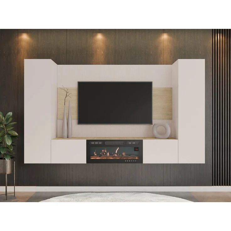 Wohnwand Deromi V mit Kamin (Farbe: Sandbeige + Nuss Cremona) – Bild 3
