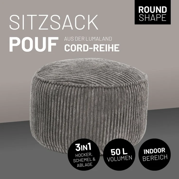 Lumaland Pouf Sitzhocker Cord Ablage kompakt 25x45 cm, pflegeleicht, Indoor Relaxen – Bild 2