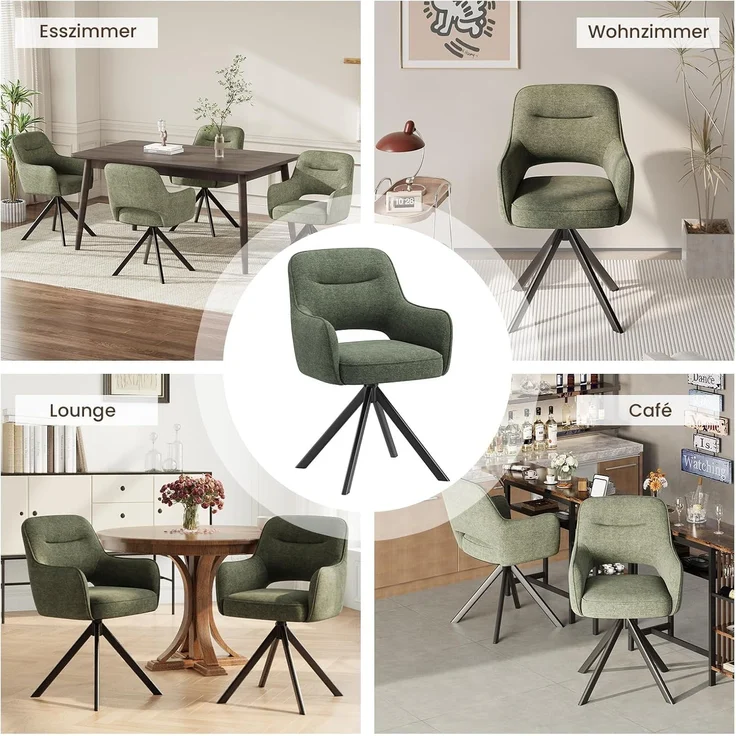 COLAMY Drehbare Esszimmerstühle 6er Set mit Armlehnen, Drehbare Polsterstühle für Küche & Esszimmer aus weichem Florstoff mit Metallgestell und Rückenlehne, für Esszimmer, Küche, Büro,Grün – Bild 11