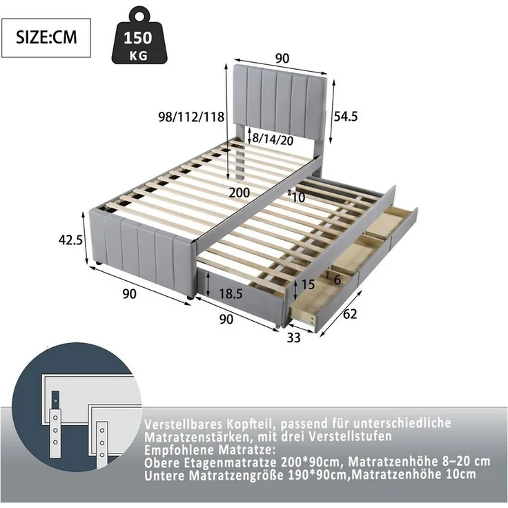 Flieks Polsterbett, Einzelbett 90x200cm mit 3 Schubladen und Ausziehbett 90x190cm – Bild 3