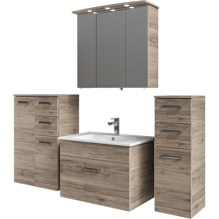 Pelipal Badmöbel-Set Quickset 313, Sanremo Eiche - Waschtischunterschrank, Keramikwaschtisch, Unterschrank, Spiegelschrank, Unterschrank – Bild 1