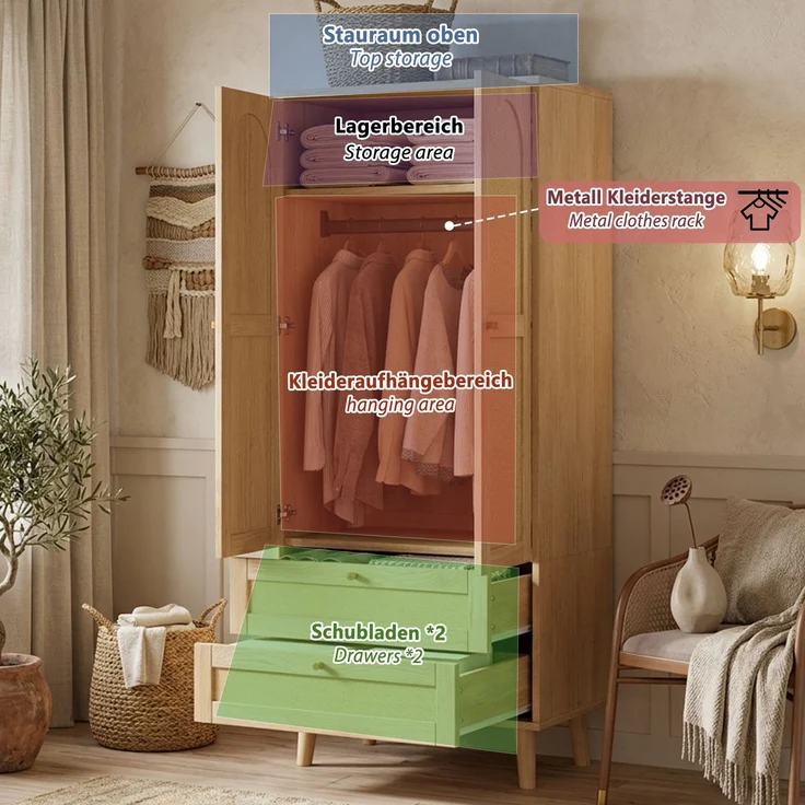 Kleiderschrank in Naturholz-Optik, Mehrzweckschrank mit Rattan-Design, Kleiderstange, Ablagefächern und 2 Schubladen, moderner Garderobenschrank für Schlafzimmer, Flur und Ankleidezimmer--Natürlich--80x50x180cm--YOUDENOVA – Bild 9