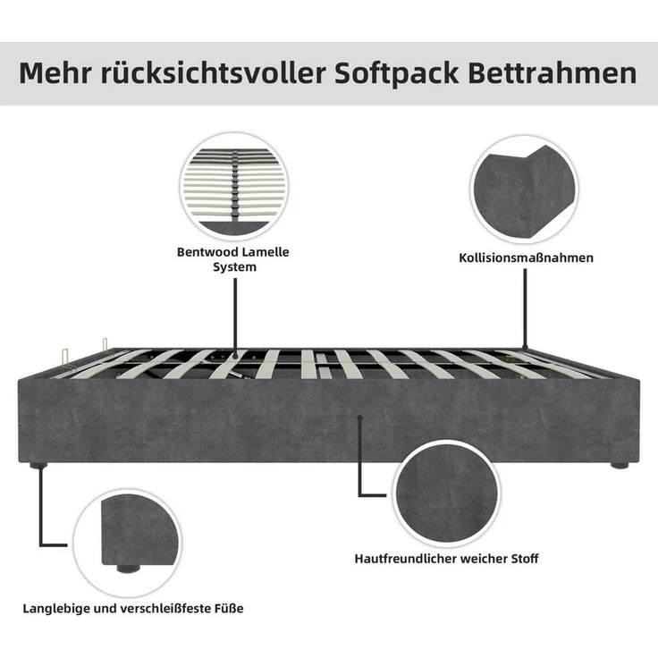 BlingBin Polsterbett Doppelbett Stauraumbett (1-tlg, Mit großzügigem Stauraum), 140 x 200 (ohne Matratze und Kopfteil) – Bild 3
