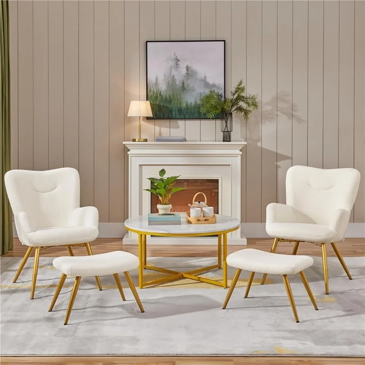 Yaheetech Sessel Ohrensessel mit Hocker aus Boucle-Gewebe, Relaxsessel mit Fußstütze, Loungesessel mit Klappbarer Rückenlehne, Fernsehsessel für Wohnzimmer/Schlafzimmer Elfenbein – Bild 4