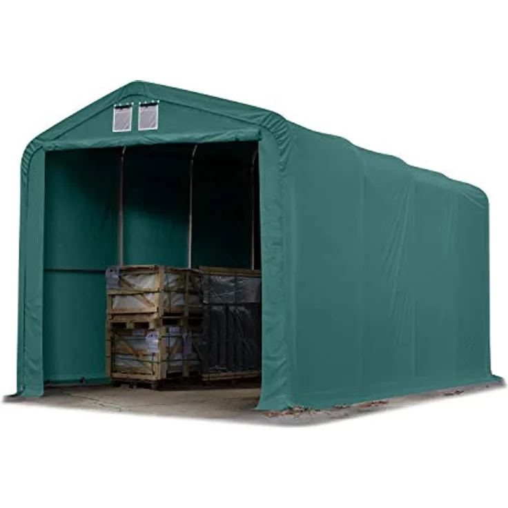 TOOLPORT Lagerzelt WIKINGER 4x8 m, feuersichere PRIMEtex PVC Plane 2300 N, 3,35 m Seitenhöhe, dunkelgrün, vollverzinkte Stahlkonstruktion