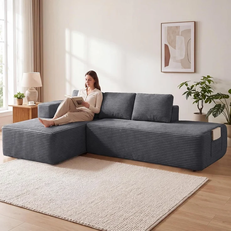 COMHOMA Ecksofa mit Schlaffunktion, 255cm Corduroy Modulares Boneless Couch mit Chaiselongue & Rücken-Metallgestell, L-Form Schlafsofa mit offenem Design, Kissen & Seitentaschen,für Wohnzimmer, Gris-R – Bild 6