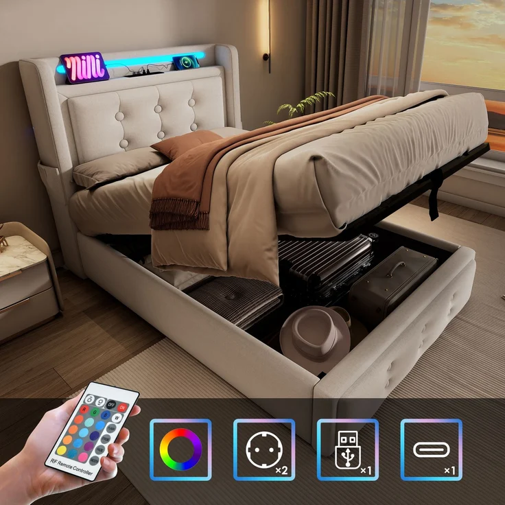 Einzelbett 90x200 cm mit Kopfteil, LED-Beleuchtung, USB Type-C Steckdose, Stauraum & Baumwoll-Leinenbezug,Beige – Bild 2