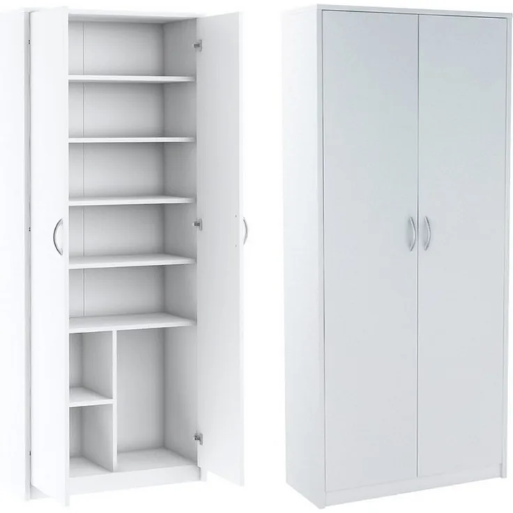 Home Collective Mehrzweckschrank mit 8 Fächern Besenschrank Haushaltsschrank (74 cm breit aus Laminatplatte und hochwertigen Polymergriffen) in mattem Finish mit 6 Einlegeböden und 2 Türen weiß