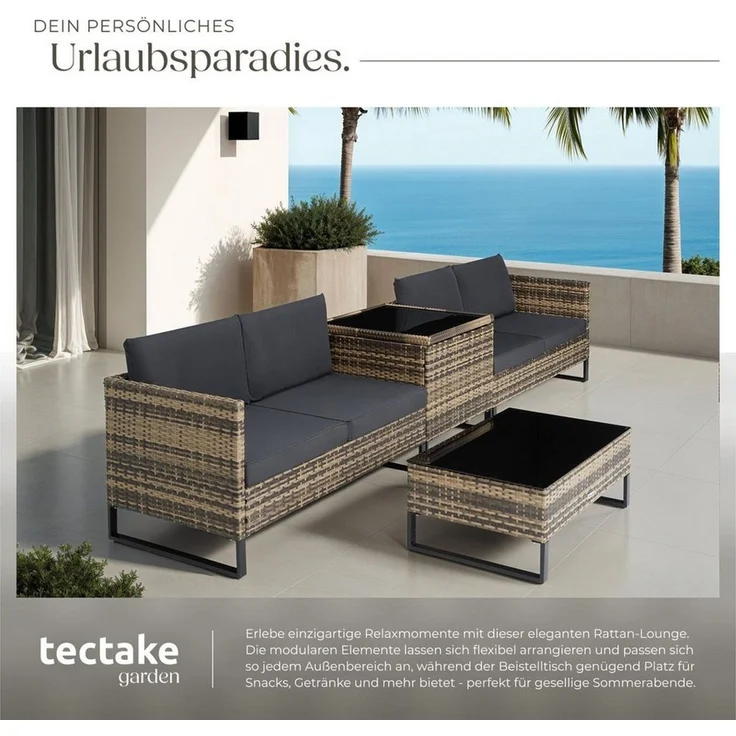 tectake Loungeset Rattan Sitzgruppe, große Aufbewahrungsbox für 4 Personen, (Gartenlounge-set Ostuni, 4-tlg, 4-tlg. in Natur), widerstandsfähig und UV-beständig, Dicke der Polster 9 cm – Bild 3