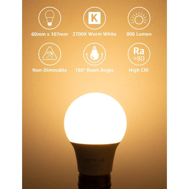 Lepro 8.5W E27 LED Warmweiss, 806 Lumen Glühbirne E27 ersetzt 60W, 2700K Warmweiß A60 glühbirnen, 180°Abstrahlwinkel Led Birne, Nicht Dimmbar, 6 Stück – Bild 2