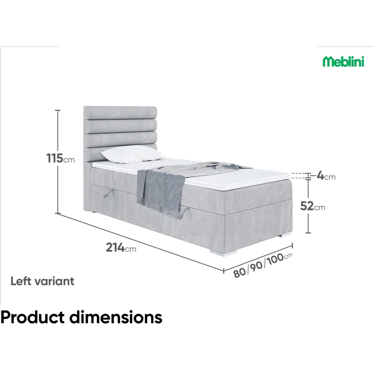 MEBLINI Boxspringbett KARIM 100x200 cm mit Bettkasten - H3/Hellgrau Samt Gepolstert Einzelbett mit Topper & Taschenfederkern-Matratze - 100x200 Links – Bild 5