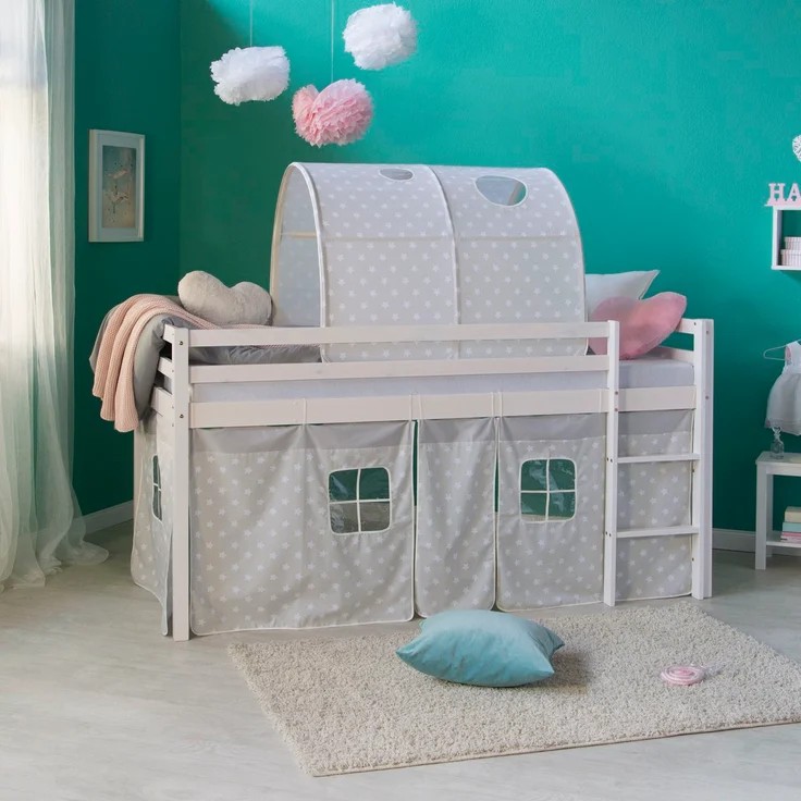 Hochbett mit Lattenrost 90x200 cm Kinderbett Tunnel Vorhang grau Sterne Holz Kiefer Jugendbett – Bild 2