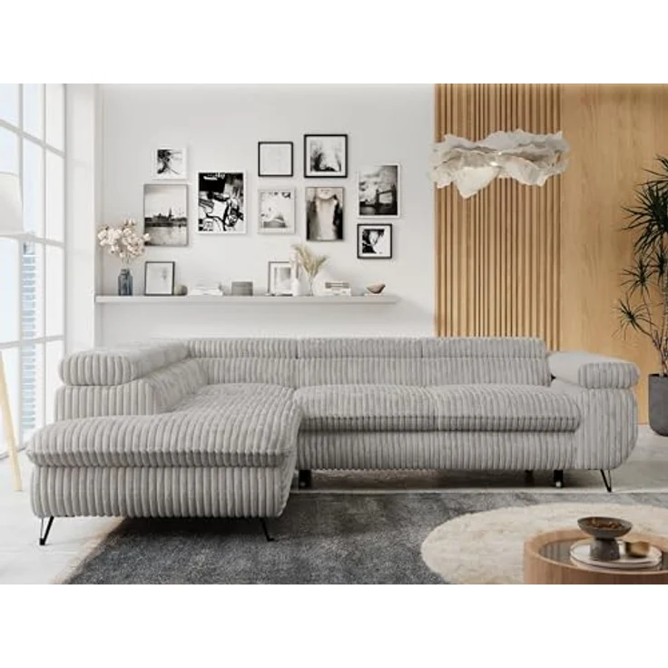 Mks Möbel 'Peter L-form' Ecksofa mit Bettfunktion, Bettkasten & einstellbaren Kopfstützen, Hellgrau, Cord, links – Bild 3