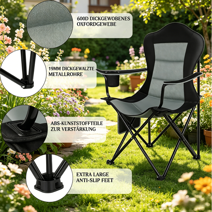 Camping-Klappstuhl 84x110x62 cm mit gepolstertem Sitz, Getränkehalter und Seitentasche – Bild 7