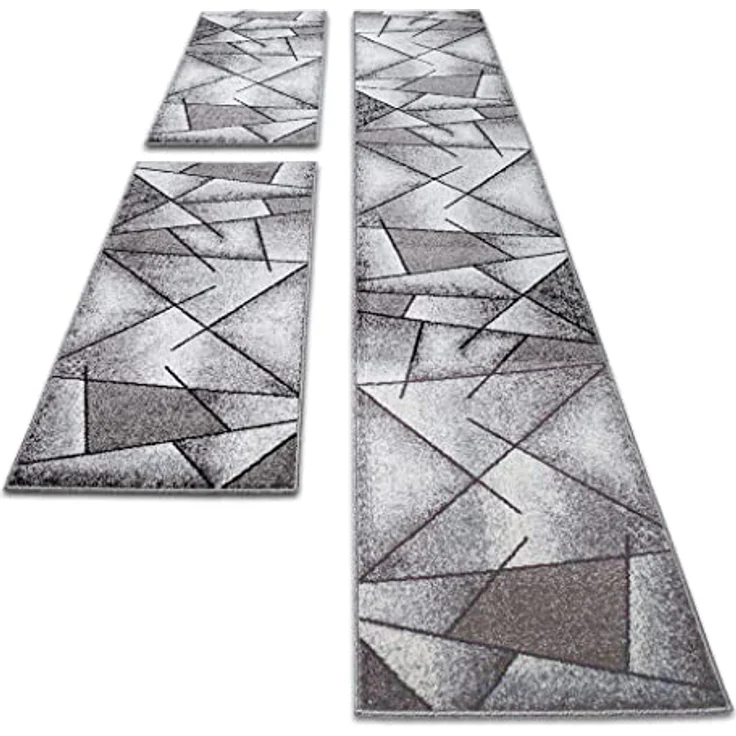 oKu-Tex Bettumrandung 3 teilig, Läufer (67 x 340 cm) + Brücken (2 x 67 x 140 cm), Kurzflor, (Set 3 teilig, 3-tlg), Teppich Schlafzimmer Bettvorleger Set schmal gewebt grau meliert – Bild 2