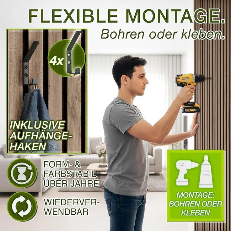 TRESKO® 2 Stück Akustikpaneele Holz 120×60 cm inkl. 4x Kleiderhaken | Wandverkleidung Eiche Natur als 3D Lamellenwand | Holzpaneele Paneele für Schallschutz | Akustik Wandpaneele mit Montageset – Bild 5