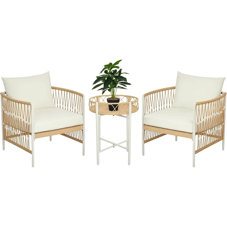 Outsunny Gartenlounge-Set Rattan Gartenmöbel-Set Gartengarnitur mit 2 Gartenstühle, Couchtisch, (Sitzgarnitur, 3-tlg, Balkonmöbel-Set), für Balkon, Terrasse, Gelb+Creme – Bild 1