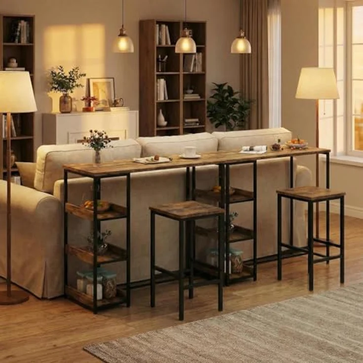 Essgruppe Mit 2 Barhockern & Aufbewahrungsregal | 3-Tlg. Esstisch Set Aus Eisen Und Holz Für Kleine Küchen & Apartments | Küchentisch Mit Ablagefächern, Platzsparendes Esstisch Set Für Beengte Räume – Bild 3