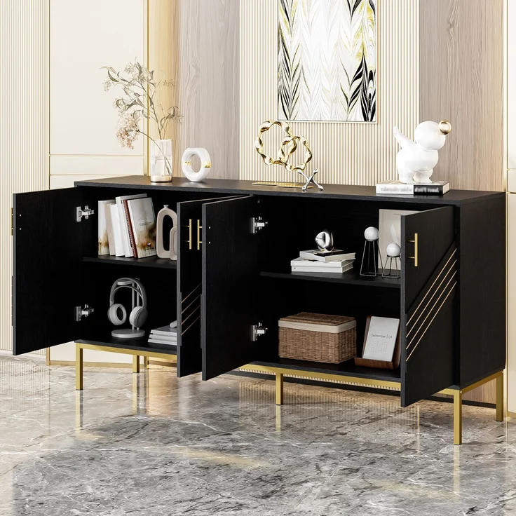 ZUBALIYA Sideboard 160x40x80,5 cm, mit verstellbaren Einlegeböden, mit 4 Türen, aus MDF, Schwarz / Holzfarben – Bild 3