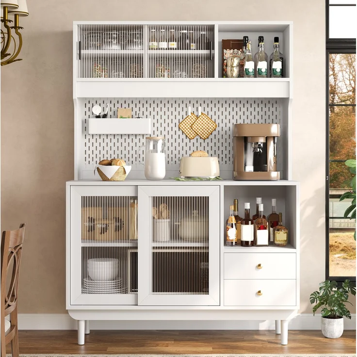 Küchenbuffet 117x30x170 cm mit Riffelglas-Schiebetüren, Schubladen und offenen Fächern – Bild 2
