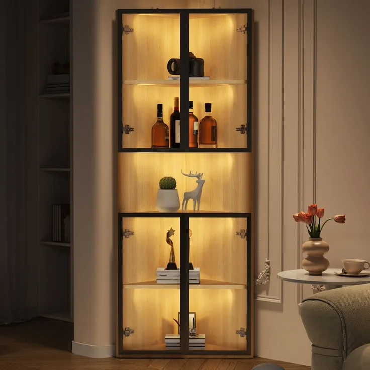 Flieks LED Eckvitrine 62×32×160 cm, Glasvitrine mit gehärteten Glastüren, Sammlungsvitrine & Bücherregal in Eichenoptik