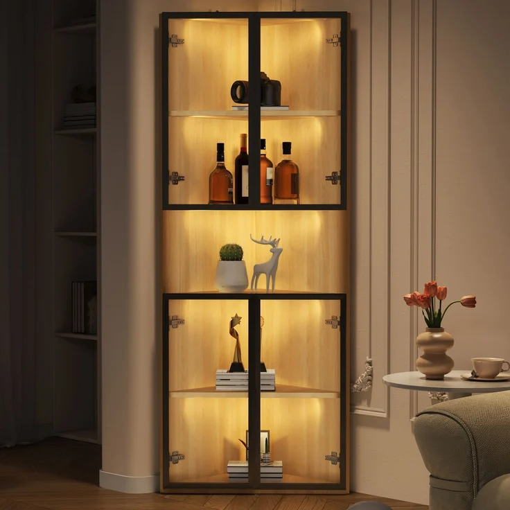 Flieks LED Eckvitrine 62×32×160 cm, Glasvitrine mit gehärteten Glastüren, Sammlungsvitrine & Bücherregal in Eichenoptik – Bild 1