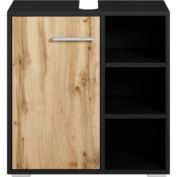 Badplaats Waschbeckenunterschrank Neptunus 60x30 cm Schwarz Matt mit Eiche - Stehender Badezimmerschrank mit 1 Tür und offenen Fächern – Bild 3