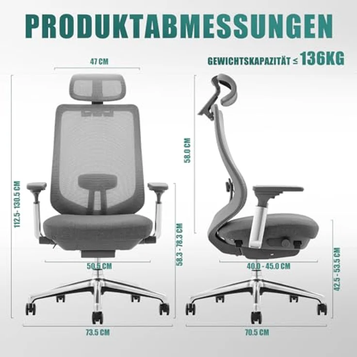 COLAMY Ergonomischer Netz-Bürostuhl, Hochleistungs-Computer-Chefschreibtischstuhl mit verstellbarem Kopfstütze und 4D-Armlehnen, Schiebesitz, Neigungssperre, Dunkelgrau – Bild 4