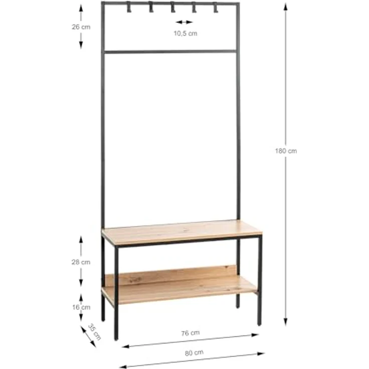 XXXL Garderobe, Schwarz und Eiche, Industrial-Design mit 5 Haken und Kleiderstange, 80x180x35 cm – Bild 5