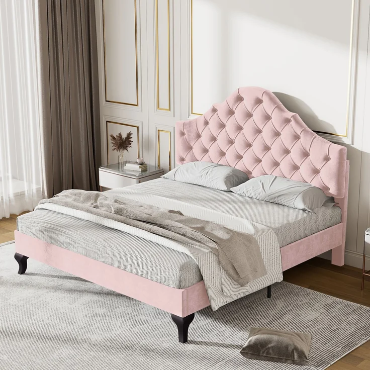 Polsterbett 203*140*118-124cm mit höhenverstellbarem Kopfteil, attenrost und Samtbezug,Rosa – Bild 3