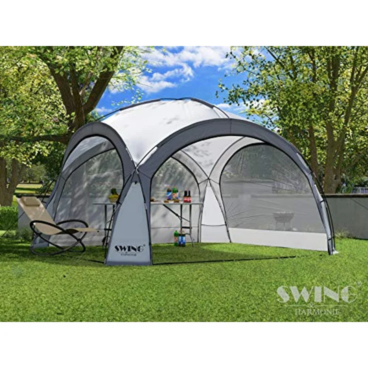 Swing & Harmonie LED Event Pavillon DomeShelter 3,6 x 3,6m mit Solarmodul und 96 LEDs, anthrazit, wasserabweisend, UV-beständig, inkl. Moskito-Netzseitenwände – Bild 3